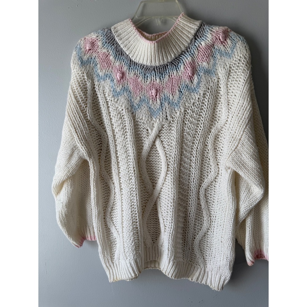 Exclusive Imports Vintage Hand Knit Cable Sweater Pastel Pink Blue White Large - Picture 5 of 9